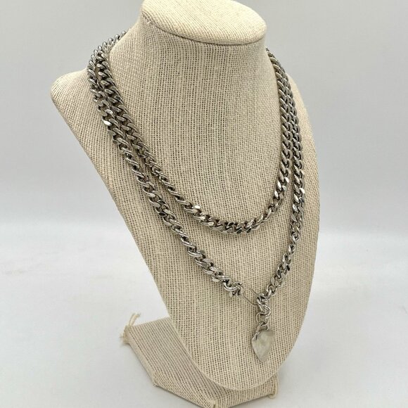 Chunky Curb Chain Necklace Layered Silver Tone Heart Pendant Y2K Streetwear - Picture 3 of 9